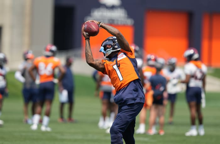 Denver Broncos wide receiver KJ Hamler (1) during mini camp drills at the UCHealth Training Center.